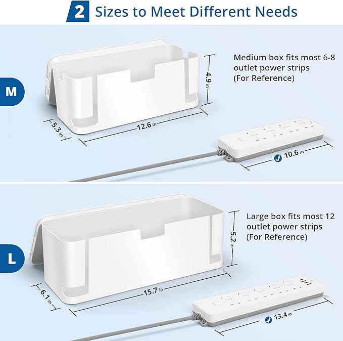 ZhiYo Cable Management Box White, 2Pack Cord Organizer Box - Extra Large and Medium Size, Cord Hider Box to Conceal Power Strips on Desk or Floor, Made from Electrically Safe ABS Material