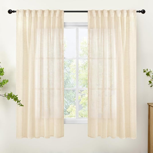 YoungsTex Linen Semi Sheer Curtains 63 Inch Length for Living Room 2 Panels, Champagne Window Drapes Light Filtering Textured Rustic with Rod Pocket Back Tab for Bedroom, 42 X 63 Inch
