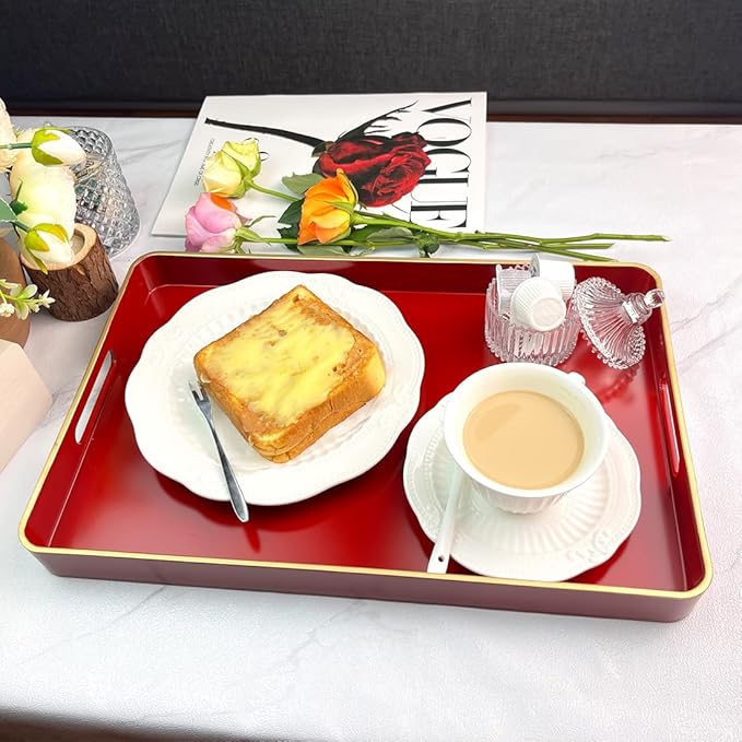 Red Decorative Tray, Serving Tray with Handles, Plastic Rectangular Tray for Ottoman, Coffee Table, Bathroom, Living Room. 15.7"*10.2"