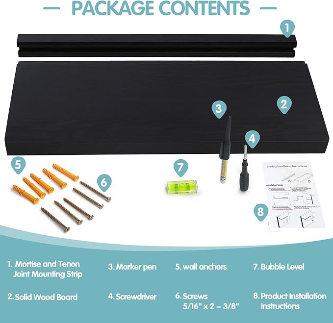 Solid Walnut Floating Shelves for Wall, 16"*6.7"*1.6"Real Thick Wood Mounted Wall Display Shelf with Joinery for Home Decor, Bathroom,Kitchen Set of 1（ Black Stain）