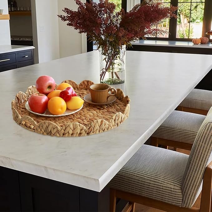 Extra Large Round Ottoman Table Tray 19.7" with Handles - Water Hyacinth Wicker Serving Tray for Farmhouse Decorative Oversized Coffee Table Trays Living Room Kitchen Counter Breakfast Scalloped