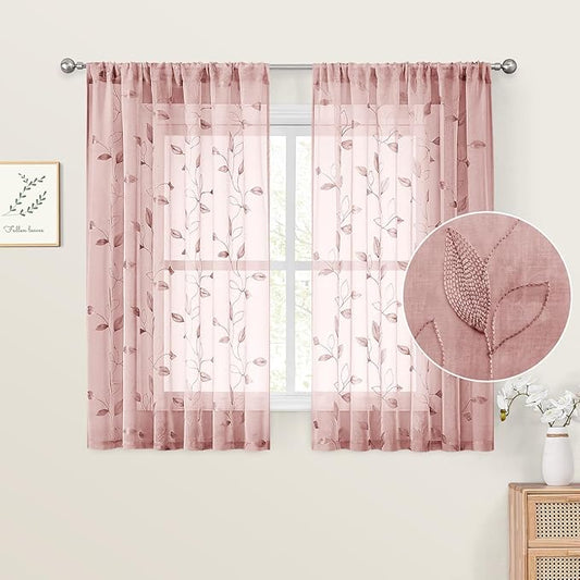 HOMEIDEAS Blush Pink Sheer Kitchen Curtains 52 x 54 Inch Length 2 Panels Embroidered Leaf Pattern Short Curtains for Bedroom Half Small Bathroom Window Rod Pocket Tiers