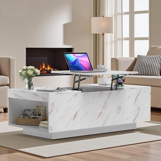 LED Coffee Table, 47.2" Lift Top Coffee Tables with Drawers and Large Storage, Smart Living Room Table with Wireless Charging & Bluetooth Speaker, Dining Center Tables with Storage Shelf