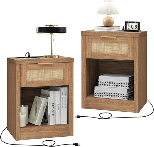 Nightstand Set of 2, Rattan Night Stand with Type-C Charging Station, Bedside Table with Drawer, Boho Bed Side Table End Table Accent Table for Bedroom Living Room (Weathered Oak)
