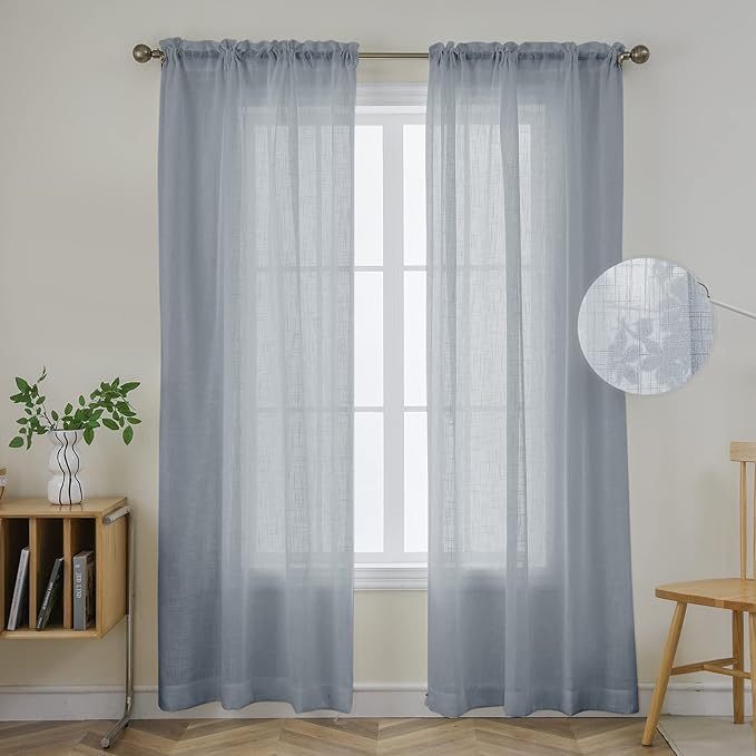 Joydeco Grey Sheer Curtains 84 Inch Length 2 Panels Set, Rod Pocket Linen Sheer Curtain Drapes, Voile Window Treatments for Bedroom Living Room (54x84 inch，Cross Pattern)