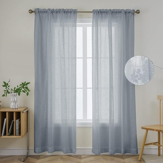 Joydeco Grey Sheer Curtains 84 Inch Length 2 Panels Set, Rod Pocket Linen Sheer Curtain Drapes, Voile Window Treatments for Bedroom Living Room (54x84 inch，Cross Pattern)