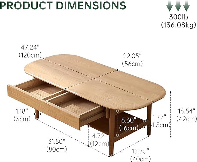 100% Solid Wood Coffee Table for Living Room, 2-Tier Living Room Table with 2 Drawers and Shelf Storage, Mid Century Modern Coffee Table for Home (Oak Natural Wood, 47.24'' W)