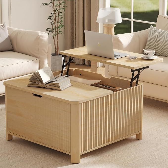 LYNCOHOME Fluted Lift Top Coffee Table with Storage, Square Coffee Tables for Living Room, Coffee Table with Large Hidden Storage Compartment and Adjustable Shelves，Natural