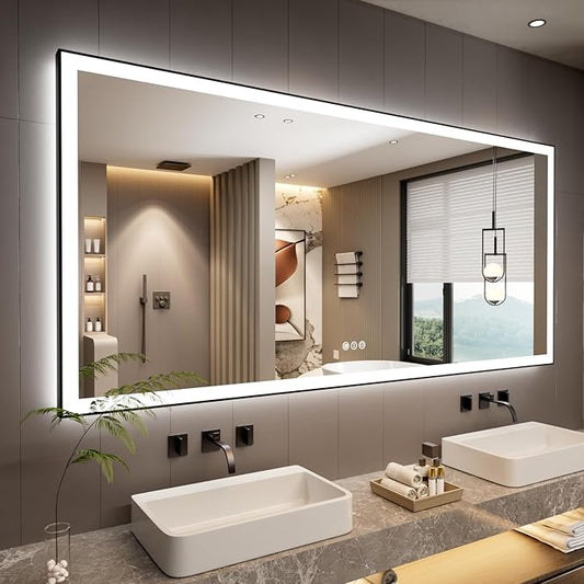 84x40 Inch LED Bathroom Mirror with Black Frame, Backlit and Front Lighted Bathroom Mirrors for Wall, Anti-Fog, Dimmable, Memory, Shatterproof, LED Vanity Mirror for Bathroom
