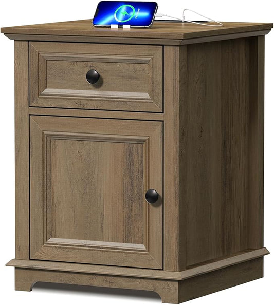 End Table with Charging Station, 18" Side Table with Drawer, Bedside Table Living Room, 24" Tall Nightstand with Drawer for Bedroom, Light Brown.