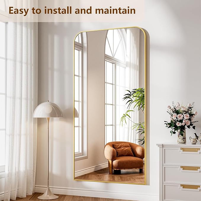 Koonmi Full Length Mirror, 80"x36" Mirror Full Length with Stand, Gold Domed Top Square-Edged Floor Mirror with Aluminum Alloy Frame for Bedroom Living Room