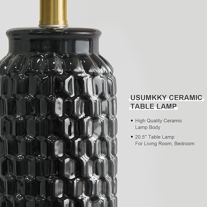 20.5" Black Modern Ceramic Bedside Lamp Set of 2 for Bedroom Decor Farmhouse Table Lamp for Living Room Office Dorm