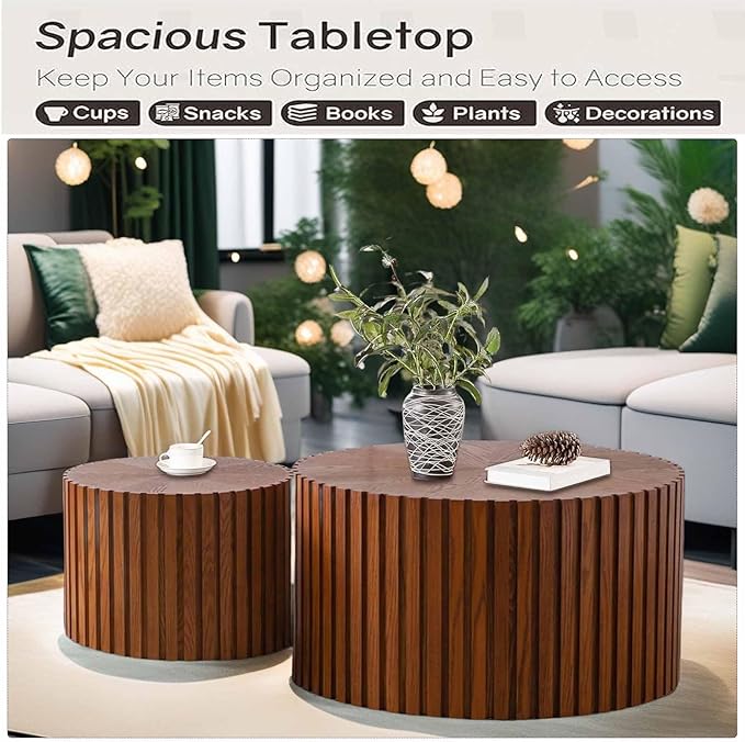 Modern Round Wooden Nesting Coffee Table Set of 2 Circle Tables with Non-Slip Feet, Accent Side End Table, Saving Space Design and No Need Assembly (FLARGE)