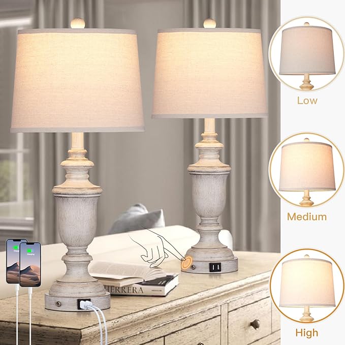 Farmhouse Table Lamps Set of 2 with USB Charging Port for Rustic Living Room Retro Bedroom,3-Way Dimmable Touch Lamp Resin Bedside Lamps for Nightstand Side End Table,Color 2