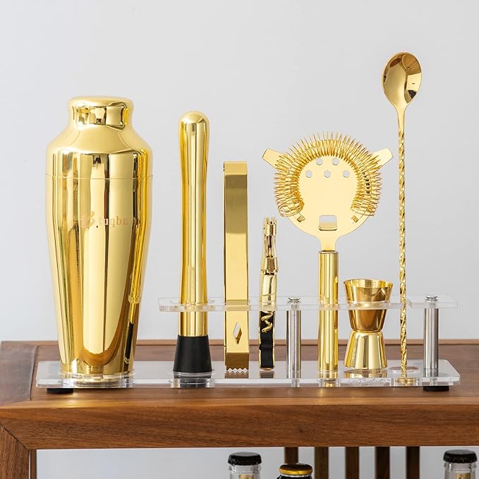 Cocktail Shaker Set with Arcylic Stand, Mixology Bartender Kit for Drink Mixing | Mixology Set with 7 Bar Set Tools Cocktail Kit (Gold)