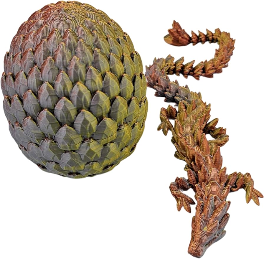 3D Printed Dragon Egg Articulating Gemstone Dragon Fidget Figurine - Vibrant Color Dragons Flexible ADHD, Autism and Anxiety Relief - Articulated Joints (Gold Copper Silver)
