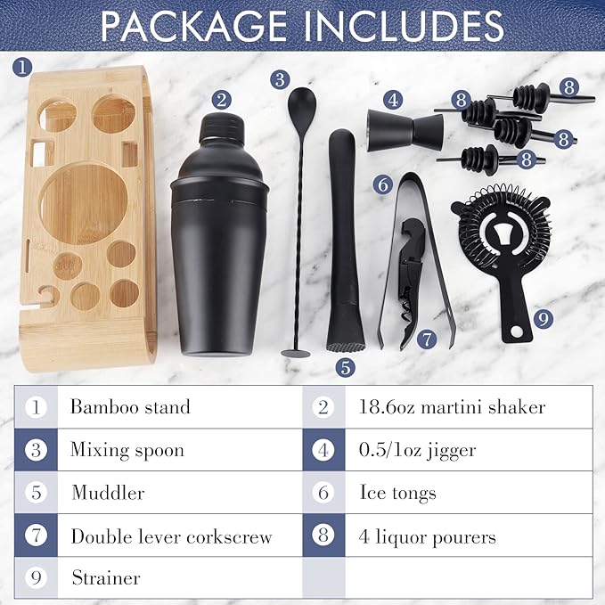 12Pcs-Cocktail Shaker Set Stainless Steel Bartending Kit 18.6oz Cocktail Bar Set Cocktail Mix Drink Making Kit Professional Bar and Home Drink Bar Tools for Bartender (Matte Black, 12Pcs)