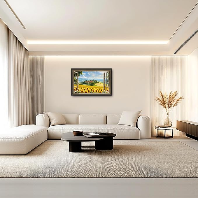 Sunflower Wall Art, Italy Pictures Wall Decor, Window Flower Canvas Prints Painting, Modern Large Framed Artwork For Living Room Office Bedroom Corridor 36"x 24"