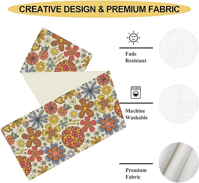 Retro 70s Floral Table Runner, Vintage Hippie Funky 70s 60s Abstract Colorful Aesthetic Modern Farmhouse Coffee Table Center Decor for Kitchen Living Room Holiday Party Table Decorations 13x72