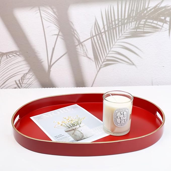 Spsyrine Red Plastic Serving Tray for Ottoman, Coffee Table, Oval Decorative Tray for Entertaining, Outdoor, Living Room, Home Decor
