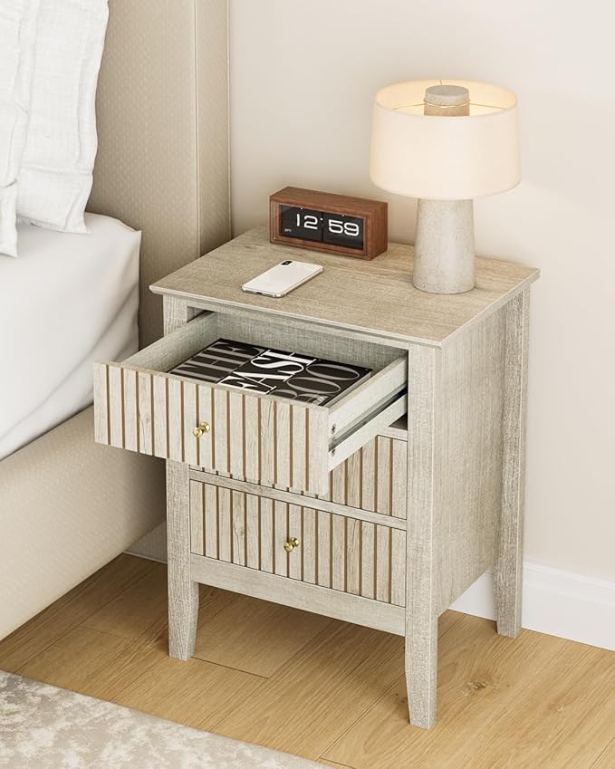 Night Stand, Fluted Nightstand Bedside Tall Farmhouse Nightstand with 3 Drawers, Mid Century Modern Side Accent Table,Bedside End Table for Bedroom, Living Room, Beige