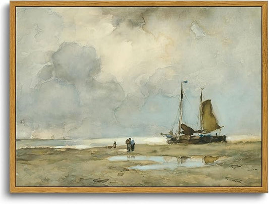 KISSFOX Vintage Landscape Canvas Wall Art Framed Natural Scenery Prints Ocean Coastal Sailboat Painting Artwork Rustic Farmhouse Pictures Decor Gallery Office Living Room Bedroom Bathroom