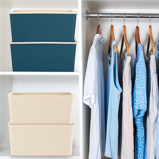 Menkxi 4 Pcs Storage Bins with Lids Plastic Containers Stackable Storage Box Baskets for Organizing Shelves(Beige, Blue,Small)