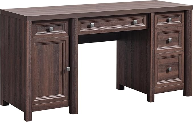 Farmhouse Computer Desk with 5 Drawers and Cabinet, 58” Executive Desk, Wood Home Office Desk with Ajustable Shelf, Rustic Writing Table with Knobs, Workspace for Study Room, Walnut