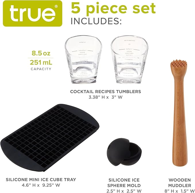 True Muddled Cocktail Kit with 2 Recipe Lowball Tumblers, Wooden Muddler, Silicone Ice Sphere Mold and Mini Pebble Ice Tray, Set of 5