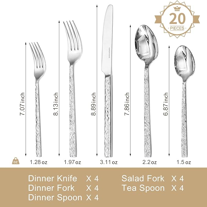 KINGSTONE 20 Pcs Hammered Silverware Set for 4, 18/10 Stainless Steel Heavy Duty Flatware Set, Tableware Cutlery Utensil Sets for Home Restaurant Dishwasher Safe