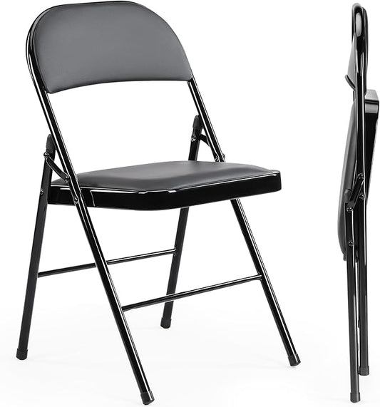 Sweetcrispy Folding Chair 2 Pack, Leather Padded Folding Chairs, Sturdy Metal Foldable Chairs, Easy to Use and Store, Outdoor and Indoor, for Home, Office, Party, Comfy, Black