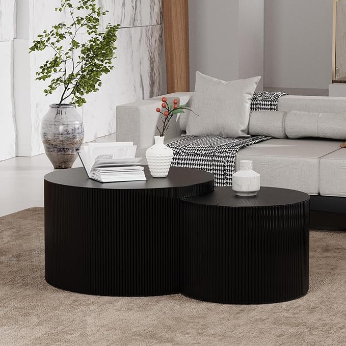 Nesting Coffee Table with Non-Slip Mat Vertical Stripe Design Round Fluted Side Table Set of 2 - No Assembly Required for Living Room Bedroom Balcony Yard (I-27.6+19.7in)