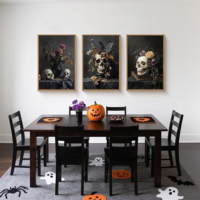 Large Vintage Skull Halloween Floral Framed Canvas Wall Art Set, Abstract Skeleton Butterfly Wall Decor,Moody Dark Rose Artwork for Living Room,Bedroom,Dining Room,Office -16"x24"x3