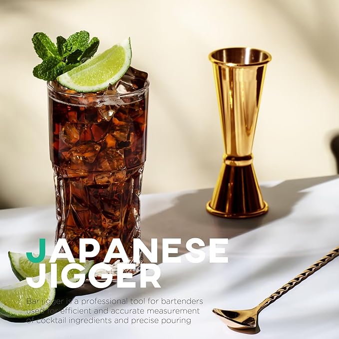 Homestia 2PCS Double Jigger & Cocktail Jigger Stainless Steel 1 oz 2 oz Alchohol Measuring Tools, Japanese Jigger with Measurements Inside for Bartending - Bar Tools for Bartender (Gold)