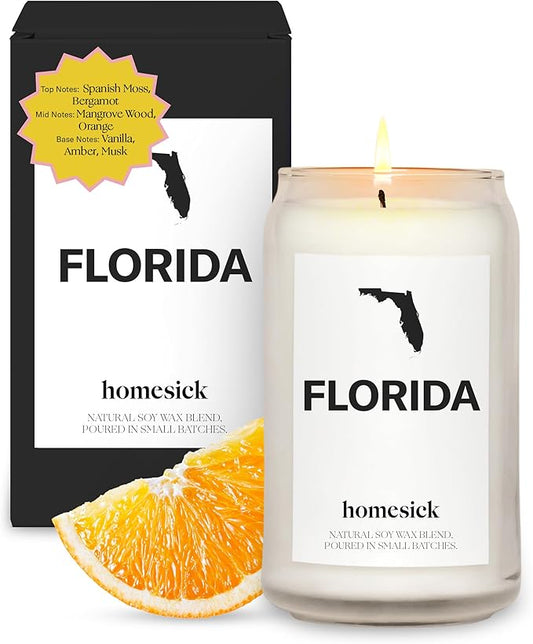 Homesick Scented Candles for Home (Florida) - 13.75 oz Long-Lasting Soy Wax Jar Candle for Women & Men for All Occasions, 60-80 Hours Burn Time - Notes of Moss & Bergamot