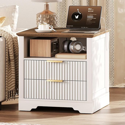 Farmhouse Fluted End Table with Charging Station, 24'' Sofa Side Table with 2 Drawers, Farmhouse Bedside Table with Storage, Large Nightstand for Bedroom, Living Room, White and Walnut