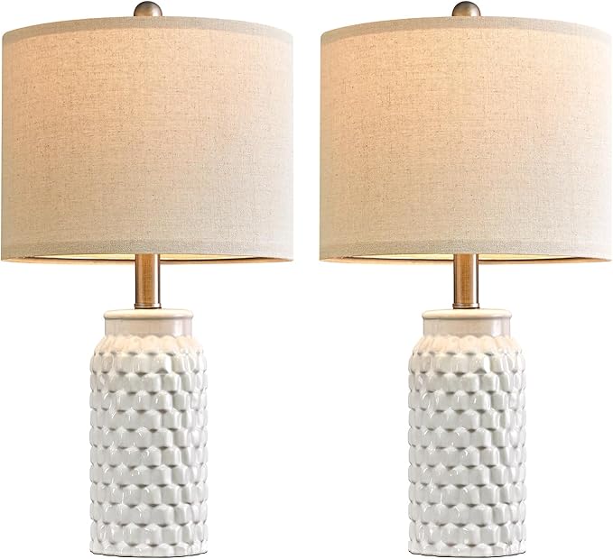 Ceramic Table Lamps Set of 2, 20.5" Modern Farmhouse Bedside Lamps,White Ceramic Nightstand Lamps for Bedroom, Boho Living Room End Tables, Small Office Desk Lamp Decor