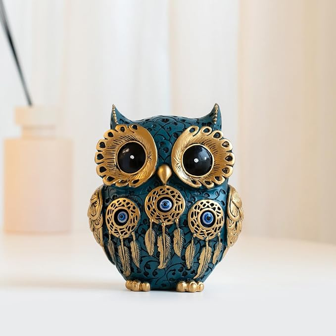 Decorative Owl Figurine, Vintage Blue and Gold Owl Statue Home Decor - Evil Eye Accent for Bookshelf, Bedroom, Living Room, Office & Table. Cute Small Animal Sculpture Gift for Birds Lovers.(Blue)