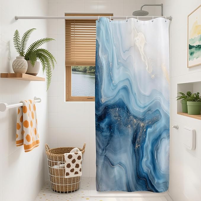Renaiss Blue Ombre Marble Shower Curtain Modern Large Waterproof Fabric Gold Gilt Design Bathroom Shower Curtain Abstract Bath Accessories Set Hooks Hotel Home Luxury Decor Washable 36" W x 72" L