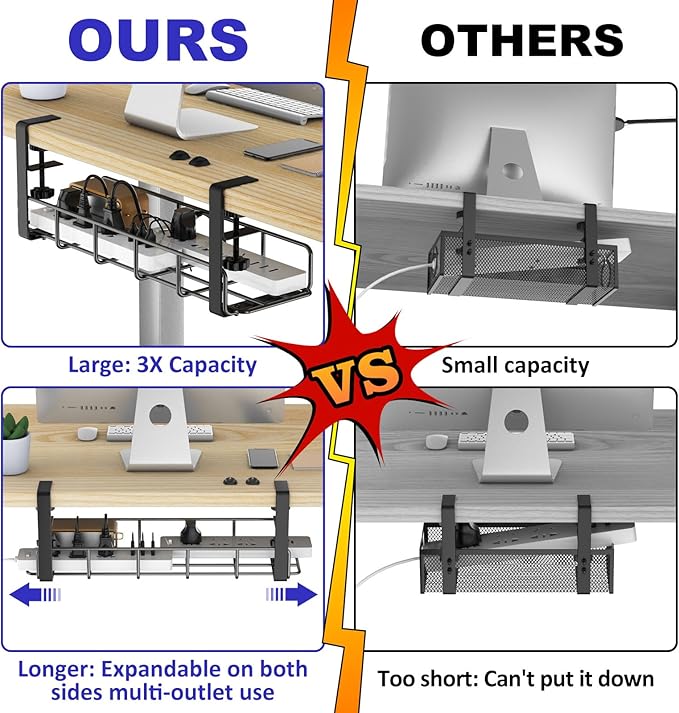 Under Desk Cable Management Tray, 31.5'' No Drill Steel Cable Tray Organizers, Wire Management Tray Cable Rack with Clamp Mount, Metal Under Desk Tray with Wire and Cord Organizer