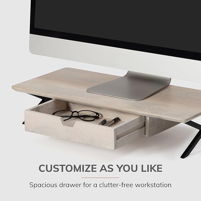 Anji Mountain Monitor Stand - Desktop Organizer & Laptop Riser, Ergonomic Monitor Riser, Space-Saving Monitor Stand for Desk, Durable Construction, Easy Assembly, Ideal for Home & Office,White Wash