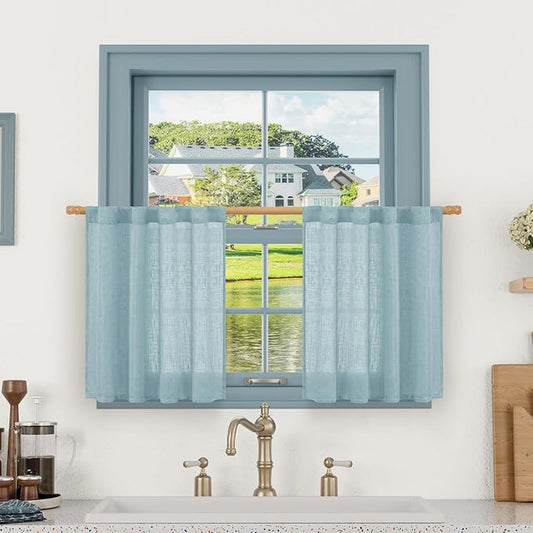 LAMIT 36 Inch Length Linen Curtains for Small Windows, Semi Sheer Light Filtering Panels Back Tab and Rod Pocket Country Decor Drapes for Basement/Kitchen, Stone Blue, 2 Panels, 34 x 36 Inch