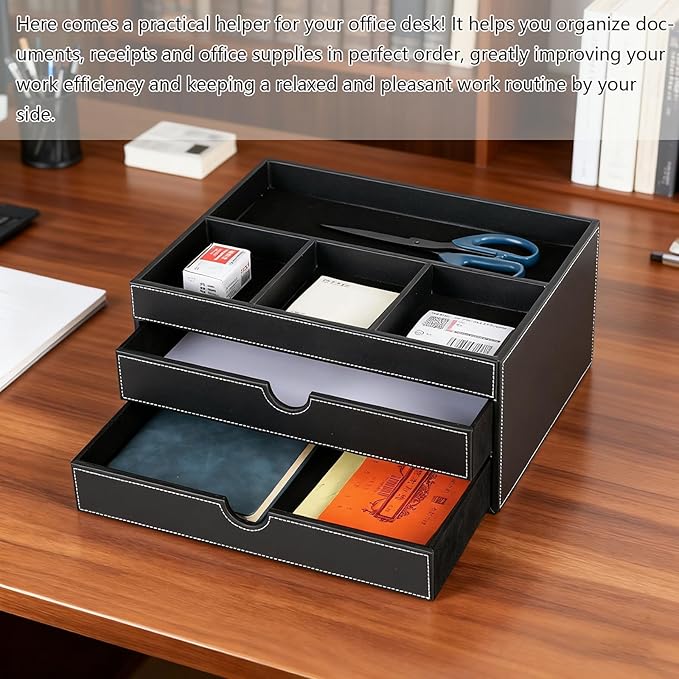 Household Multifunctional Desktop Storage Cabinet, Office file Cabinet Made of Leather, Drawers and Four Separate Organizers, Storage Box on the Bedside Table in the Room (black)