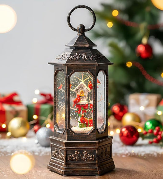 Musical Snow Globe Lantern Lighted Cardinal & Birdhouse Christmas Snow Water Lantern Swirling Glittering Home Decoration and Gift, Battery Operated or USB Powered