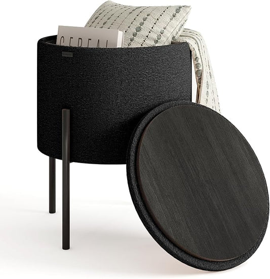 STORAGEBUD Round Ottoman with Storage, Boucle Storage Foot Stool, Makeup Vanity Stool, Small Ottoman Foot Rest, Modern Ottomans for Living Room and Bedroom, Black