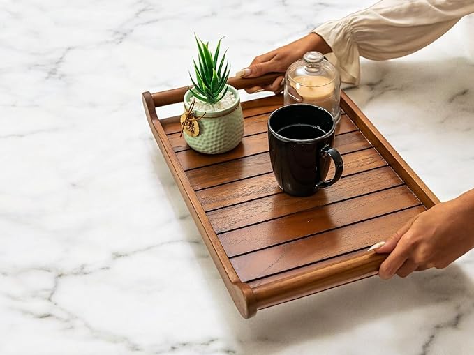 Vesta Homes Large Teak Wood Serving Tray for Home, Kitchen, Breakfast, Restaurant, Office Organizer, Dining Table | Premium wooden Trays |15*10*2.25 Inches | Handmade in India