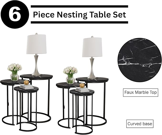Lavish Home 6-Piece Nesting Table Set – Round Faux Marble Side & End Tables – Modern Space-Saving Accent Furniture for Living Room, Bedroom, Apartment, or Home Office (Black)