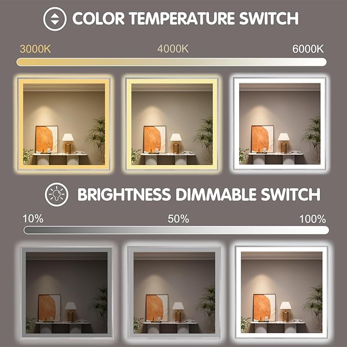 36x36 Silver LED Bathroom Mirror, Brushed Nickel Lighted Mirror for Wall, Stepless Dimmable Led Vanity Mirror with Front-lit and Backlit, Tempered Glass, Anti-Fog, Memory