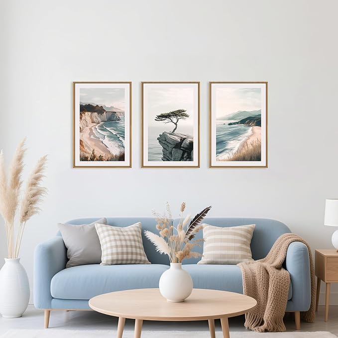 Amalfi Coastal Seascape Framed Canvas Wall Art Set, Summer Ocean Wall Decor, Southwestern Beach Wall Painting, Ocean Seascape Art Prints for Living Room, Bedroom, Dining Room - 24"x36"x3