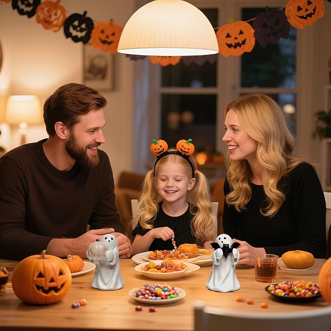 2Packs Halloween Ghost Figurine Decor,Cute Hallowen Statue for Home Decorative, Funny Spooky Hugging Pumpkins & Bats Figurine Hallowee Decor for Desk Office Table Centerpieces Ornament